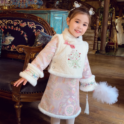 加绒旗袍连衣裙子马甲背心两件套