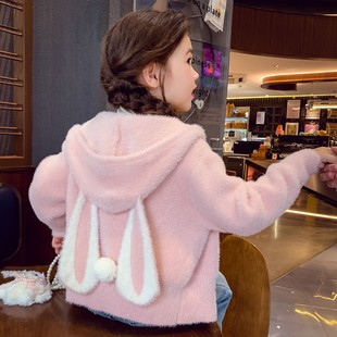 女童毛衣外套冬装2025新款儿童兔耳朵连帽针织衫女孩仿水貂绒上衣