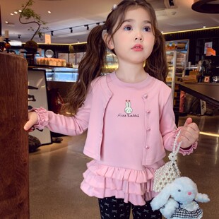 女童春装上衣洋气小女孩T恤芭蕾风花边长袖假两件春秋中小童衣服