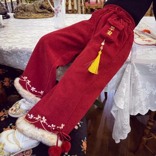 女童新年红色裤子冬装2025新款儿童国风拜年服加绒阔腿裤女孩长裤