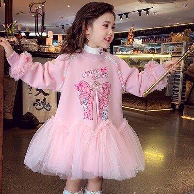 女童蝴蝶结网纱加绒公主卫衣裙