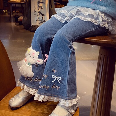 女童蕾丝花边喇叭牛仔裤