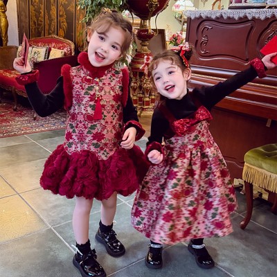 女童加绒连衣裙冬装2025新款儿童国风新中式织锦提花吊带裙背心裙