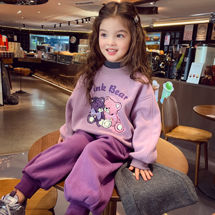 女童加绒套装冬装2025新款儿童卡通小熊运动卫衣休闲裤两件套女孩