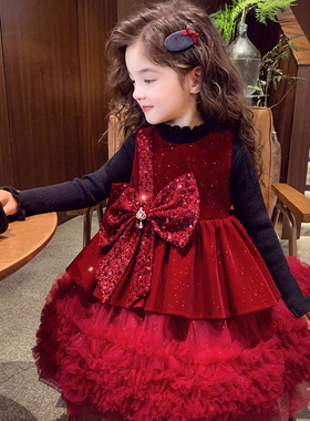 女童连衣裙秋冬2025新款儿童洋气蝴蝶结蓬蓬背心公主裙女孩礼服裙