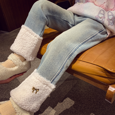 冬季保暖裤/加绒直筒牛仔裤