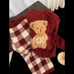 韩版可爱小熊毛绒睡衣女秋冬季加绒加厚珊瑚绒家居服红色套装冬天