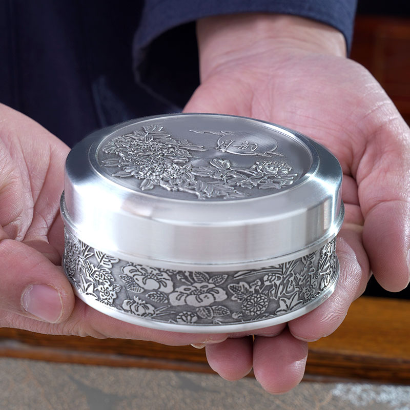 善锡堂小号便携浮雕工艺纯锡茶盒