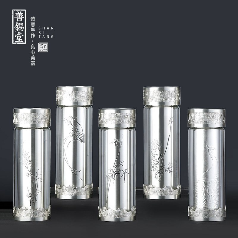 特惠款本色刻纯锡双层水杯茶水分离个人专用高档男女士茶杯纯手工