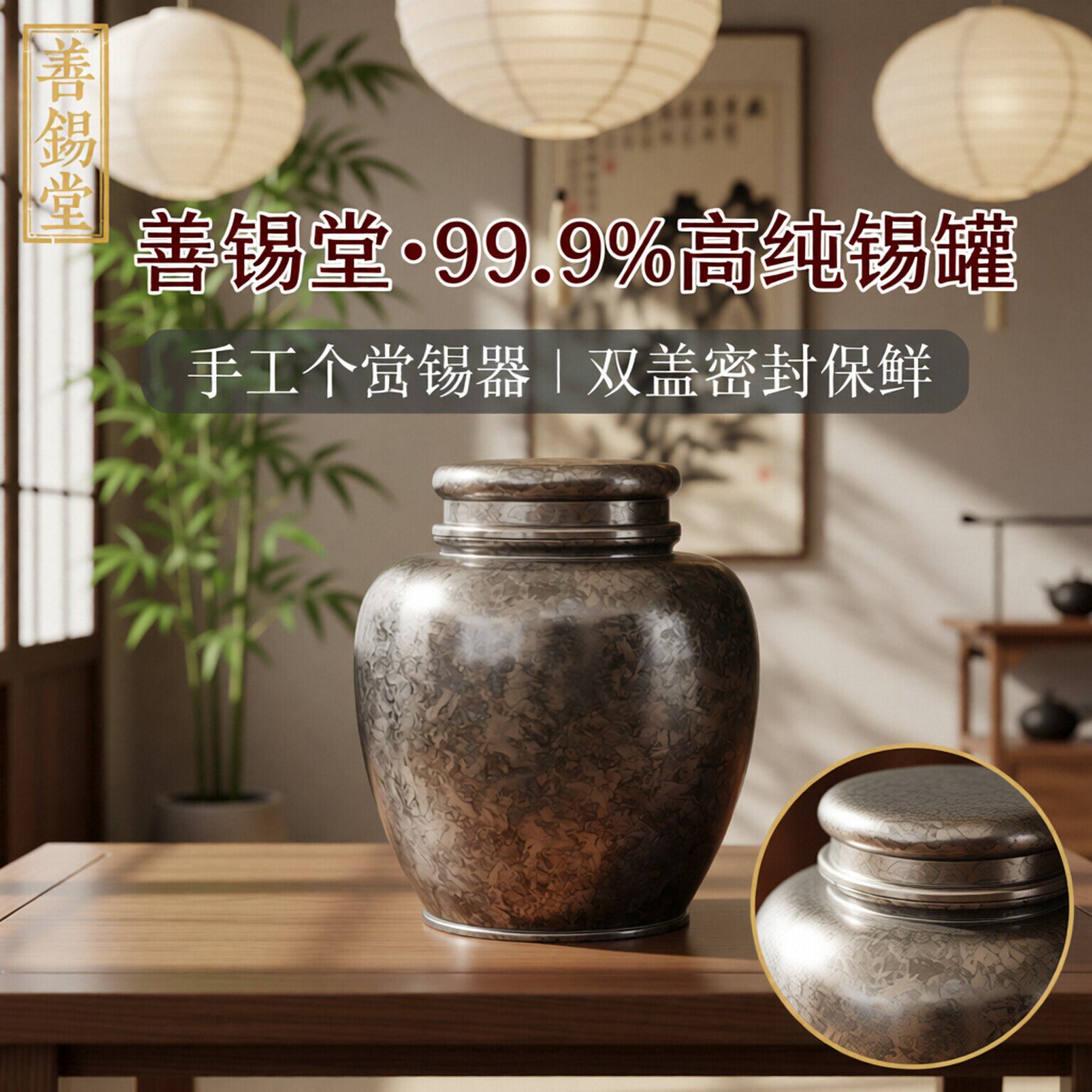 善锡堂锡罐高纯锡茶叶罐悠宜茶罐大号双盖密封储茶罐手工个旧锡器