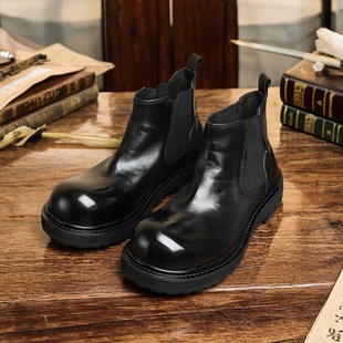 高端英伦风男靴水洗牛皮切尔西靴男真皮圆头厚底复古短靴马丁靴