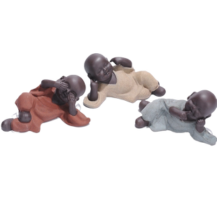 隐茶缘可爱佛三不小和尚茶宠摆件精品可养侧躺不听不看不说配件