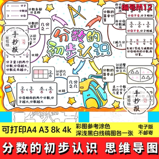 分数的初步认识思维导图手抄报电子模板三年级上册数学小报线稿图
