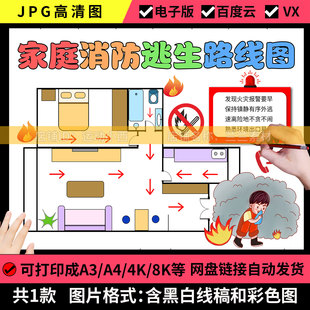 家庭逃生示意图手抄报消防疏散逃生图路线 线图小学生儿童画 画模