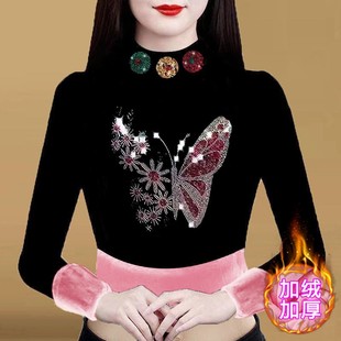保暖加绒加厚修身显瘦烫钻长袖半高领打底衫大码弹力妈妈装上衣潮