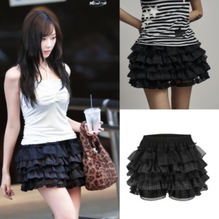 吉赛尔同款illio格纹蕾丝短裙蓬蓬裙女夏季短款蕾丝a字裙半身裙裤