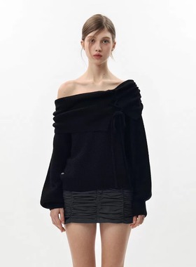 2025秋冬新款pain or pleasure露肩一字领针织毛衣女短款系带上衣