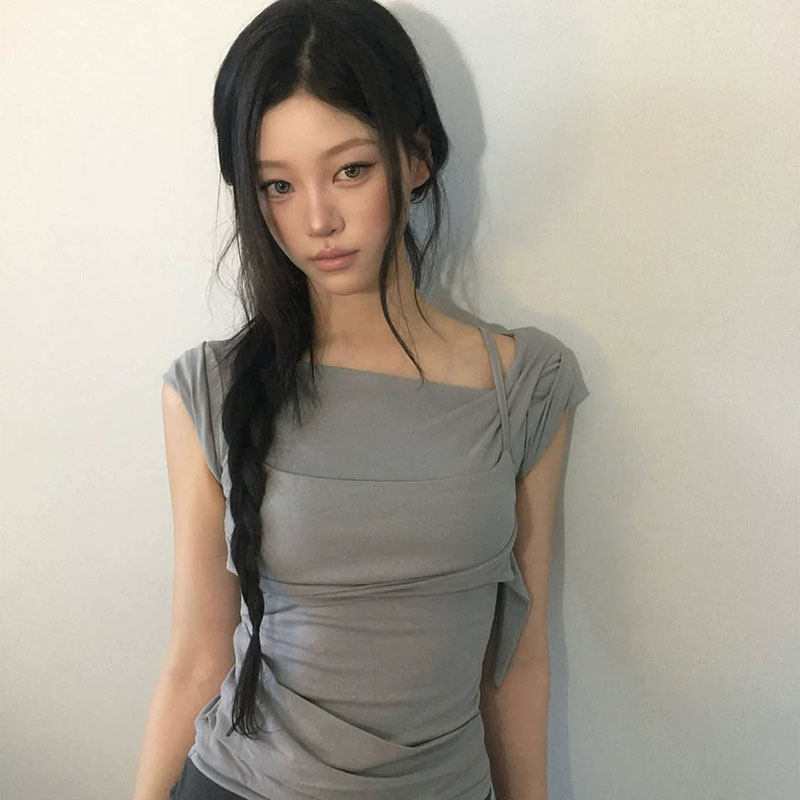 韩国FLAREUP不规则拼接褶皱小众设计感假两件短袖女修身显瘦上衣