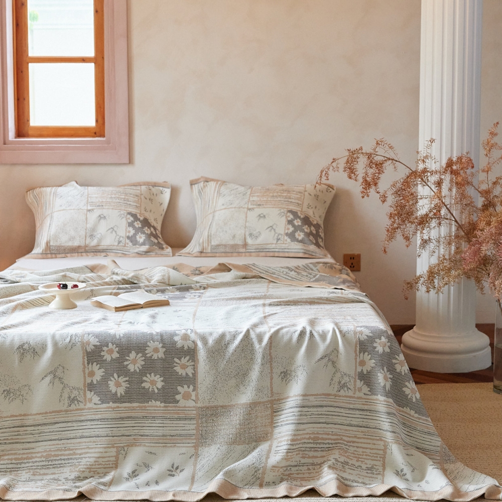 纯棉纱布双人床盖毯100%全棉柔软