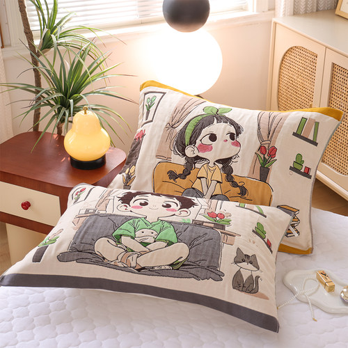 八层纯棉纱布枕巾一对新款四季通用柔软卡通家用加厚全棉枕头盖巾