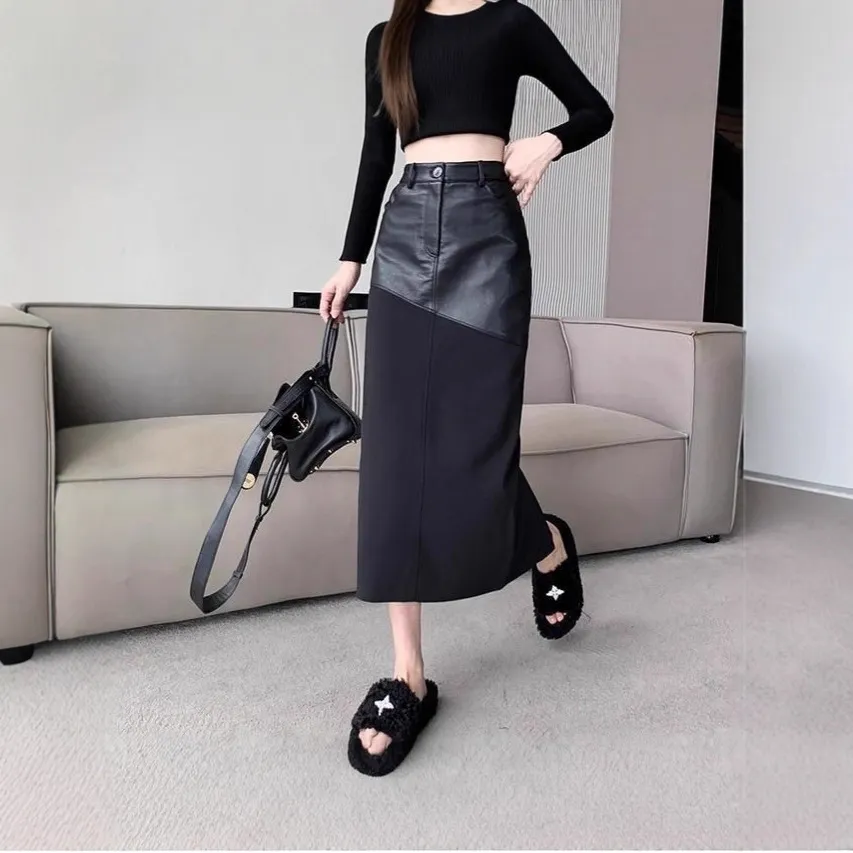 高级感中长pu皮裙拼接半身裙秋冬2025新款时尚高腰a字包臀裙长裙