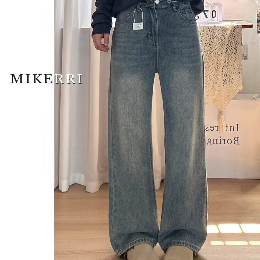 复古蓝阔腿牛仔裤女秋冬高腰宽松大码显瘦胖mm梨形身材直筒裤