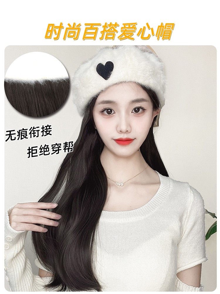 戴帽子带假发一体时尚新款2022年网红贝雷帽连头发的女秋冬季冬天