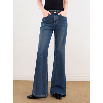 LASSEN「马蹄裤」复古风蓝色微喇牛仔裤女春季新款高腰弹力喇叭裤