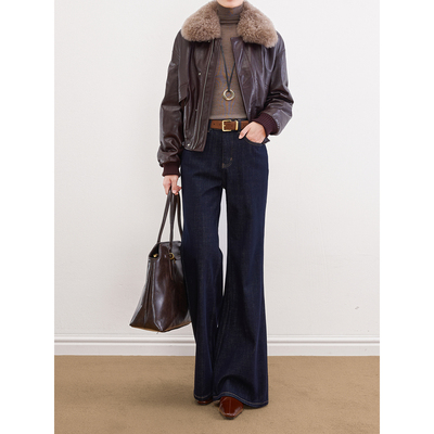 LASSEN「直腿裤」莱赛尔高腰直筒微喇牛仔裤女复古显瘦加绒喇叭裤