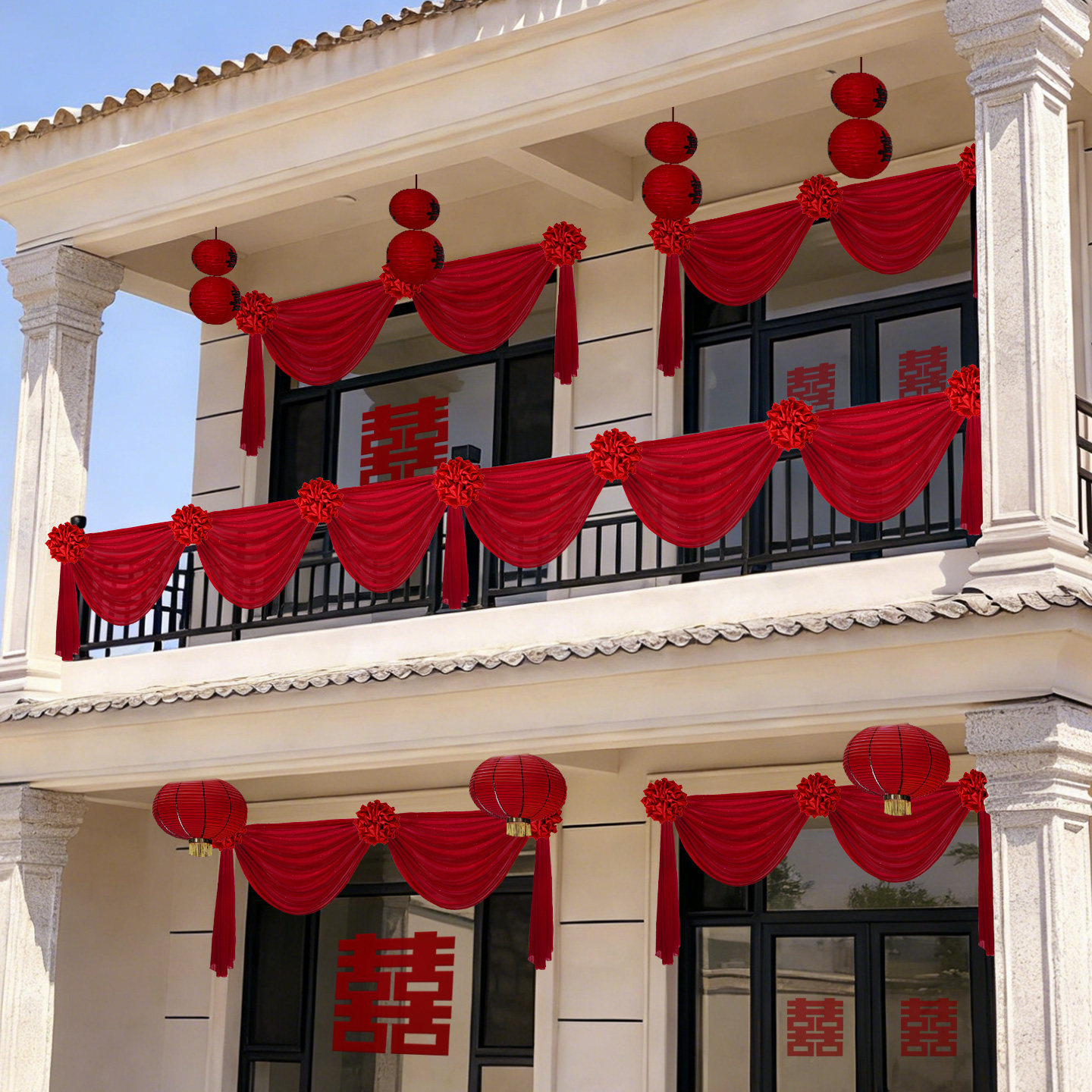 农村结婚栏杆装饰大红花球婚礼布置绸布绣球花自建房别墅楼梯拉花