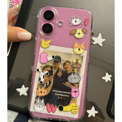 可爱猫猫狗狗透明闪粉软壳适用于iphone16/15promax手机壳苹果14/13/12/11保护套plus防摔创意可以放小卡片
