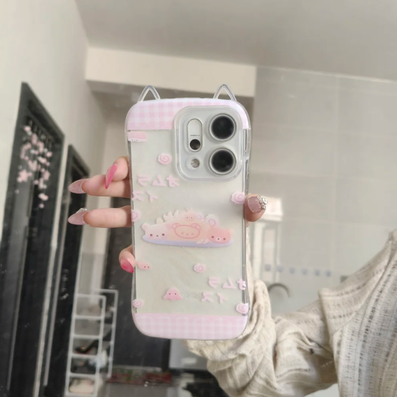 萌物轻松熊小蛮腰猫耳壳适用苹果17promax手机壳iPhone16/15plus新款14por透明13/12硅胶11软壳xr女xs保护套