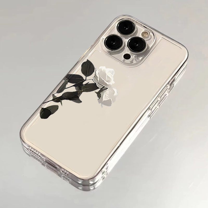 艺术纯白玫瑰适用苹果16promax手机壳iPhone15/14/13高级荣耀200华为mate70opporeno12透明小米15vivos19软套