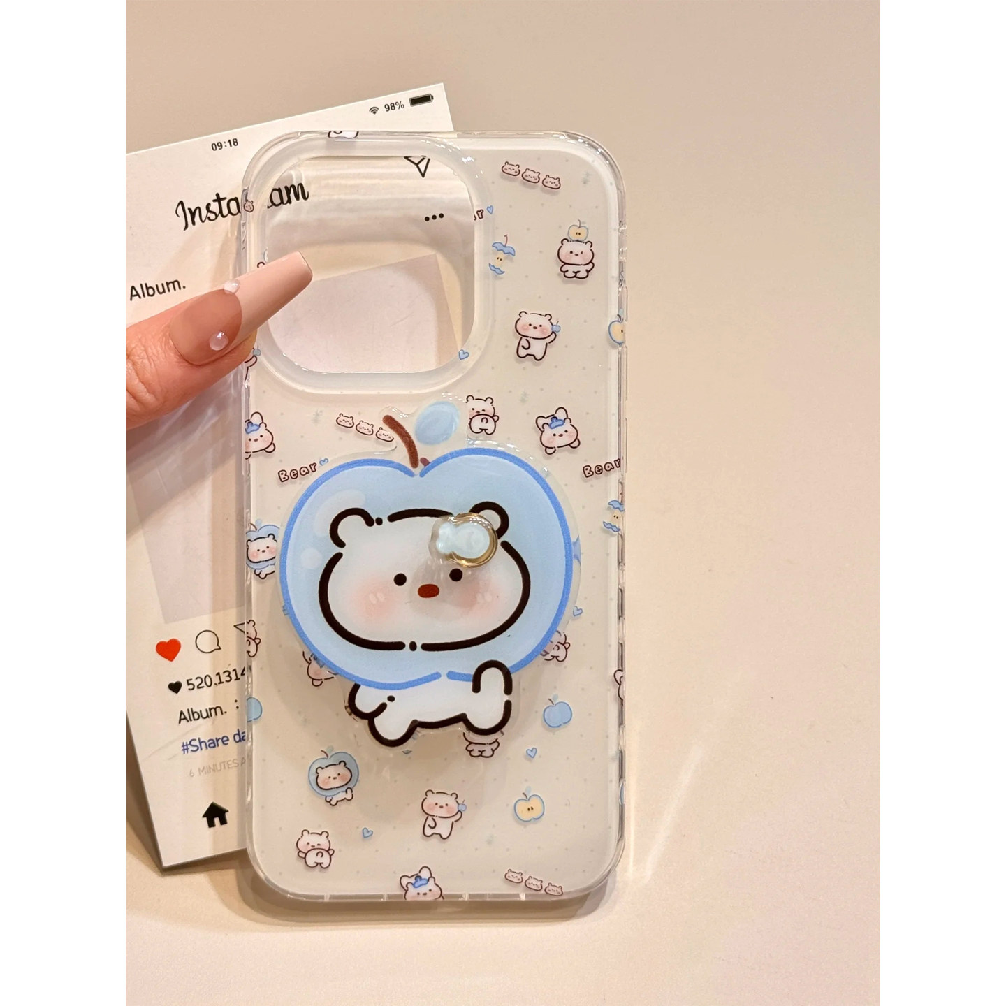 蓝苹果小熊适用苹果13promax手机壳iPhone16新款opporeno14小米15带支架vivos20荣耀400华为Pura80红米Note14