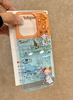 撞色透明涂鸦卡通女孩适用iphone15promax苹果16手机壳新款14女款12pro超火13pro高颜值全包14pro防摔保护套