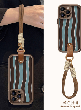 蓝色水波纹腕带iPhone16/15手机壳适用苹果14/13promax全包精孔12手提11pm挂绳高级感xr小众新款秋冬美拉德8p