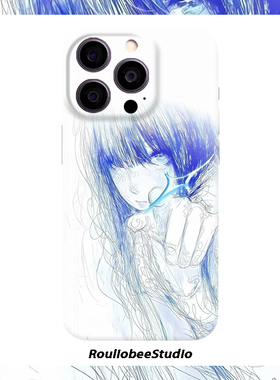蓝色素描少女适用苹果17/16手机壳iPhone15/14PROMAX新款荣耀X60菲林华为NOVA13卡通Pura80防摔S20小米RENO14
