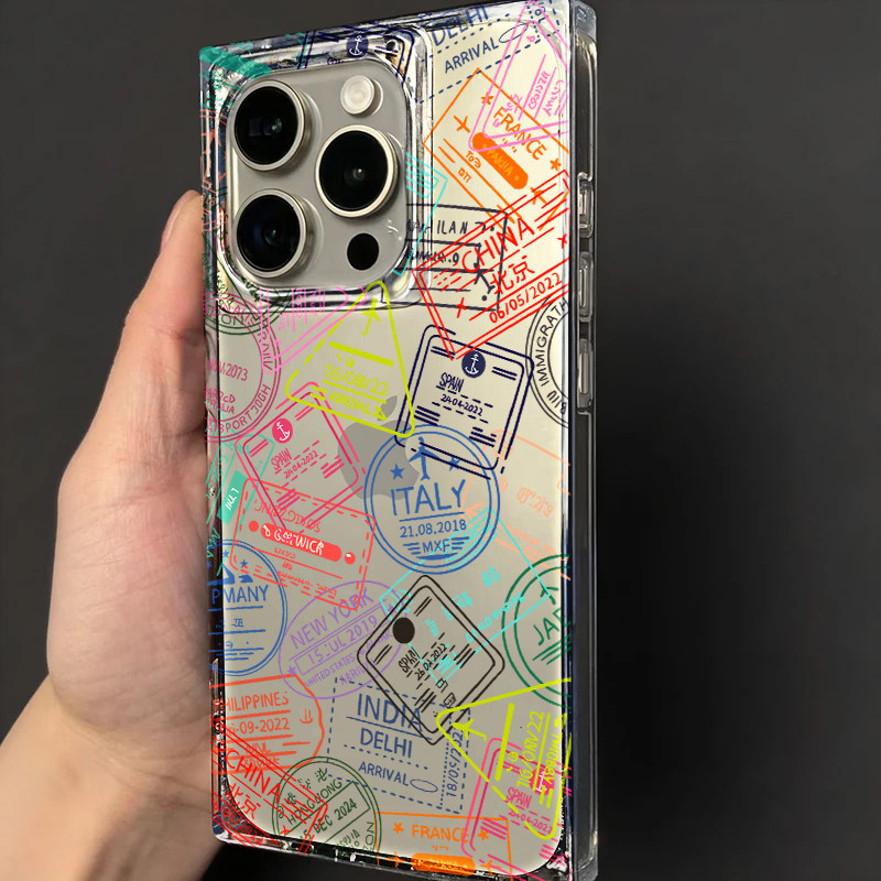 原创方形彩色邮票印章适用苹果15promax手机壳大孔iPhone16奢华新款14潮流13网红16pro不撞款14pm防摔12/11xr