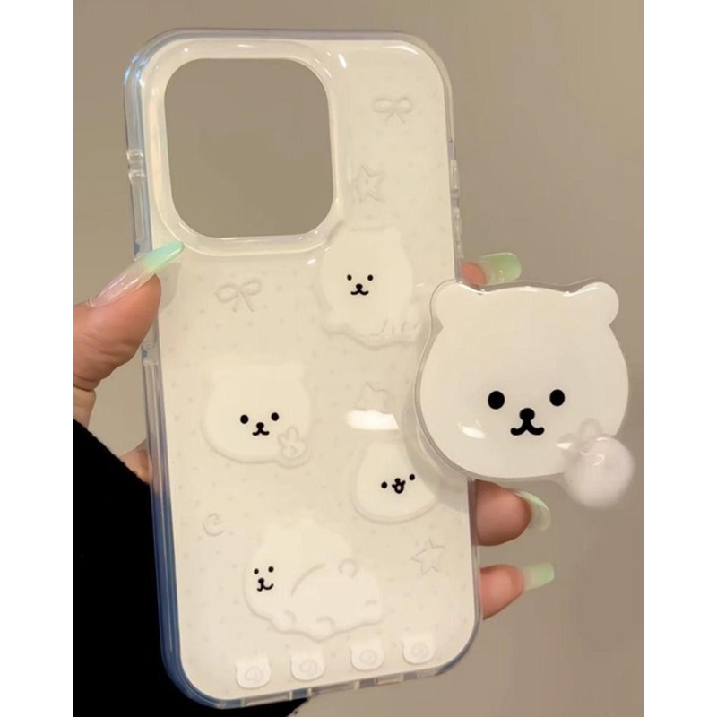 比耶自嘲熊适用苹果16promax韩系ins手机壳iphone13新款15女14pro支架华为mate70大孔白色vivox200oppo小米15