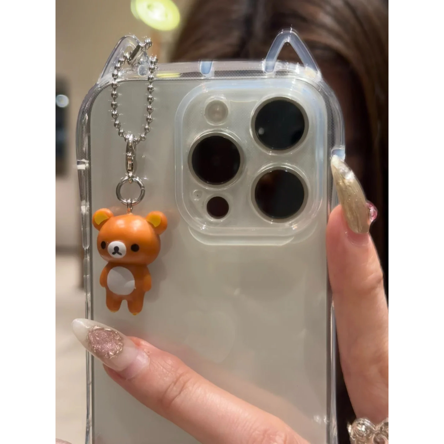 夏日透明猫耳朵小站熊吊坠适用苹果16promax手机壳iphone15新款14pm趣味女15promax卡通13防摔16挂件12保护套