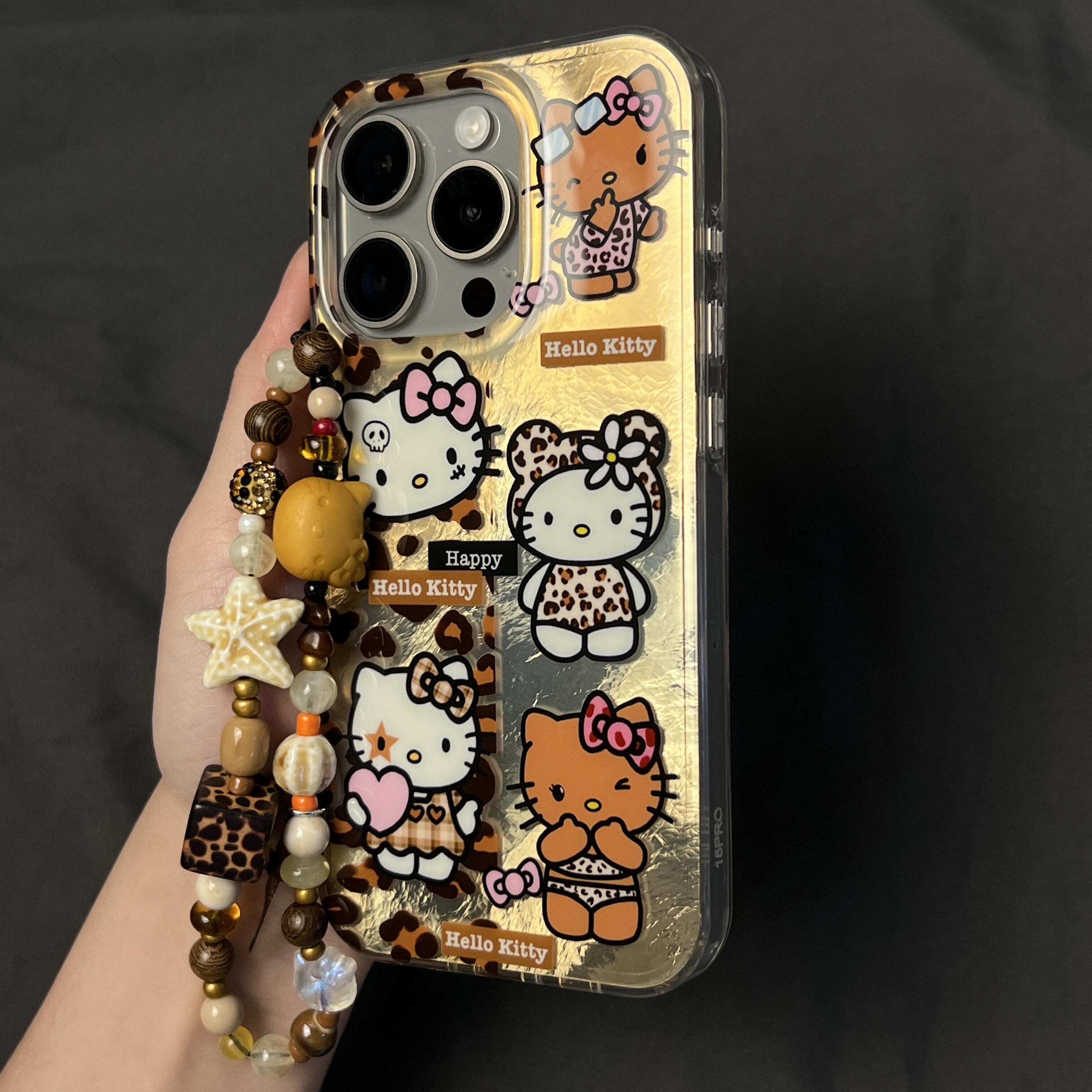 ins豹纹凯蒂猫手链适用苹果15pro手机壳iPhone14max16小米13华为mate60荣耀200vivox100p70reno12nova11s19女
