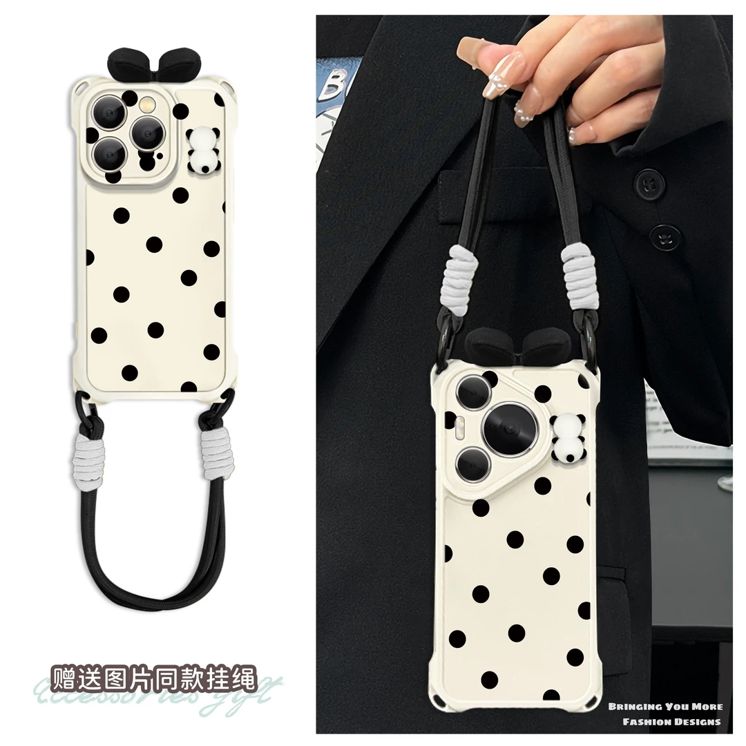 简约波点熊猫蝴蝶结适用苹果16promax手机壳华为mate60创意pura70可爱OPPOReno14四角防摔vivos20挂绳小米15
