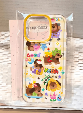 可爱涂鸦黄色格子小狗适用苹果15/14promax手机壳新款华为Pura70透明mate60iPhone13pro软套OPPO小米vivos18