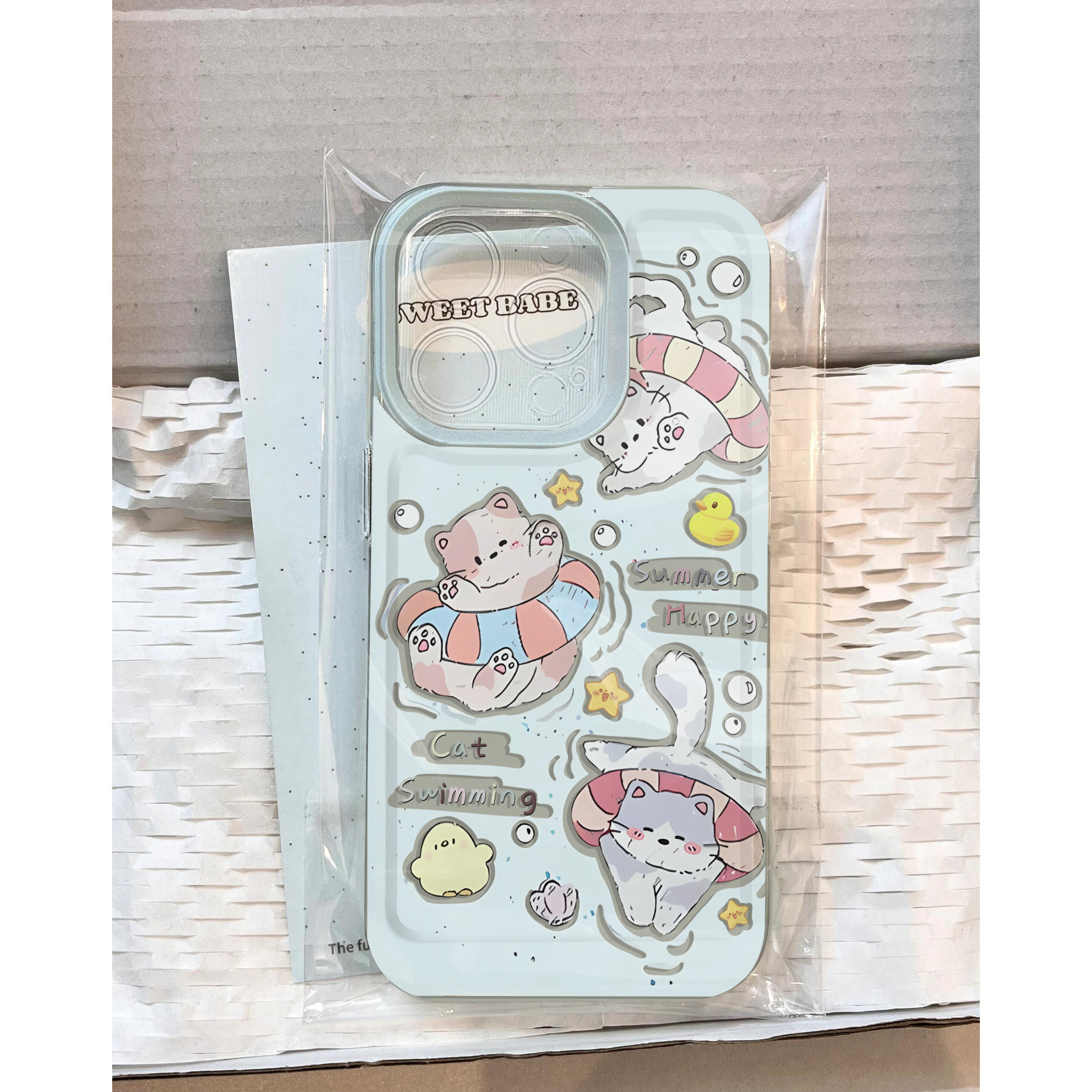 夏日泳圈小猫适用苹果15/14pro卡通手机壳华为Pura70Ultra可爱mate60iPhone13promax软壳OPPO小米11vivox100