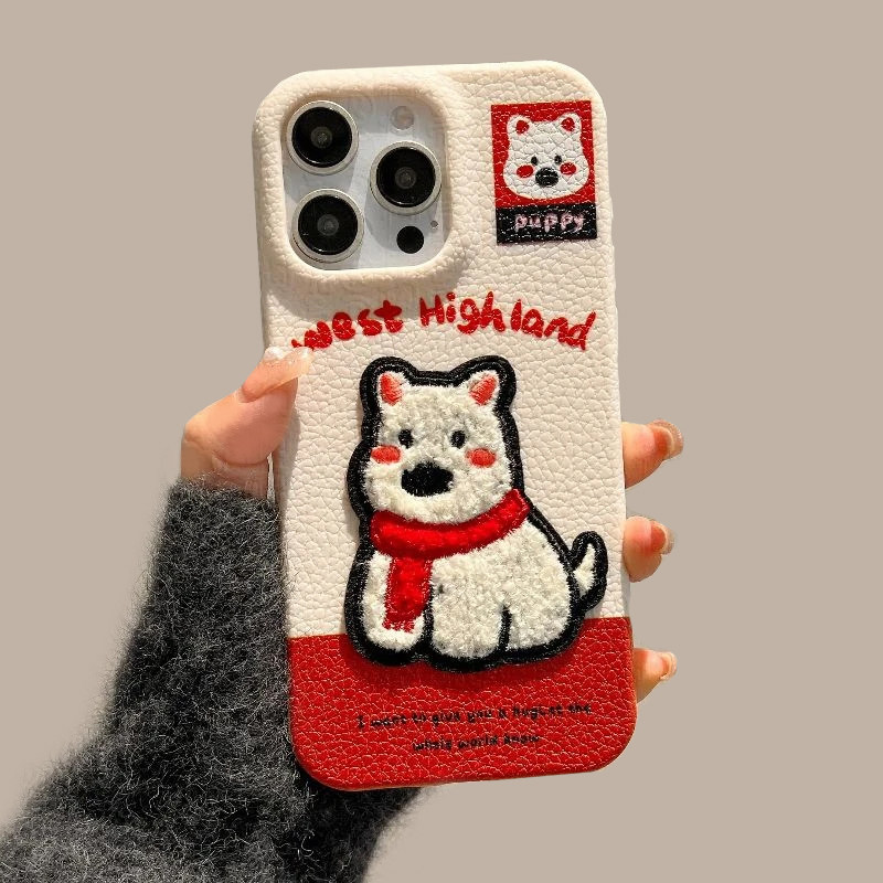 刺绣西高地动物毛绒适用iPhone17promax手机壳【华为/荣耀/oppo/vivo/小米】保护套13趣味14pro苹果12皮纹壳