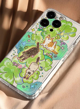 绿色小猫手机壳苹果16pro华为pura70猫咪iPhone15Promax小米14猫猫vivo猫OPPO可爱13小清新12春日11春天x适用