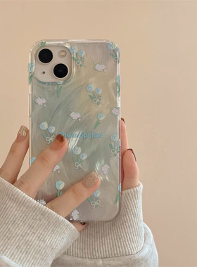 小香风羽纱蓝色郁金香适用苹果14手机壳iPhone13ProMax新款15pro防摔12女款小众11硅胶14pro简约个性全包软壳