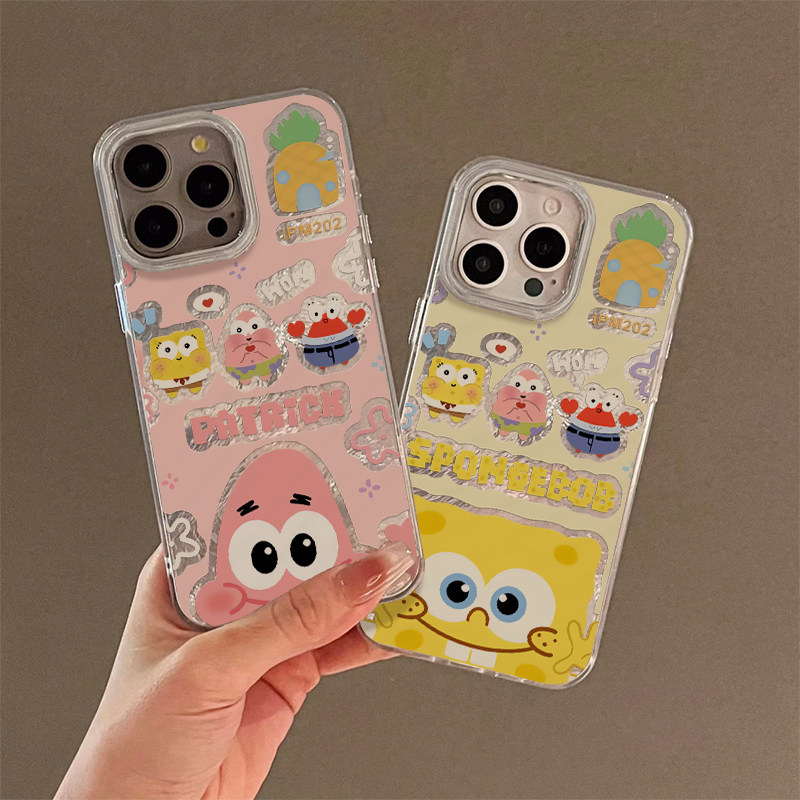 ins动漫海绵宝宝派大星适用苹果15pro手机壳16Promax新款华为pura70vivox200冰川纹红米note13防摔小米14OPPO