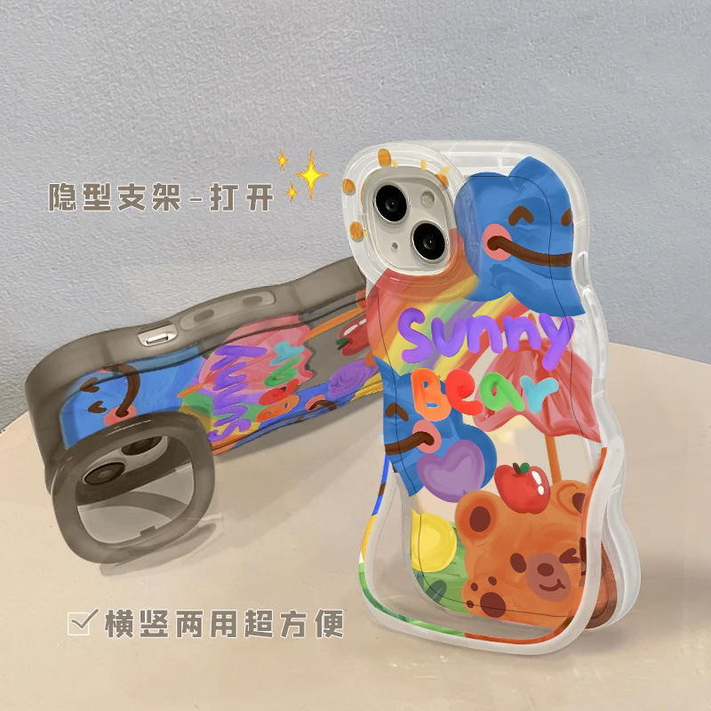 适用苹果13手机壳16新女款iPhone15promax满屏涂鸦熊11隐形双支架12软硅胶xs创意防摔xr可爱保护套14plus波浪
