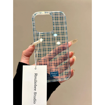 韩风ins淡蓝透明格纹用苹果16promax手机壳15pro新款iphone13小众14pro女款15硅胶个性16pro全包软手机套高级